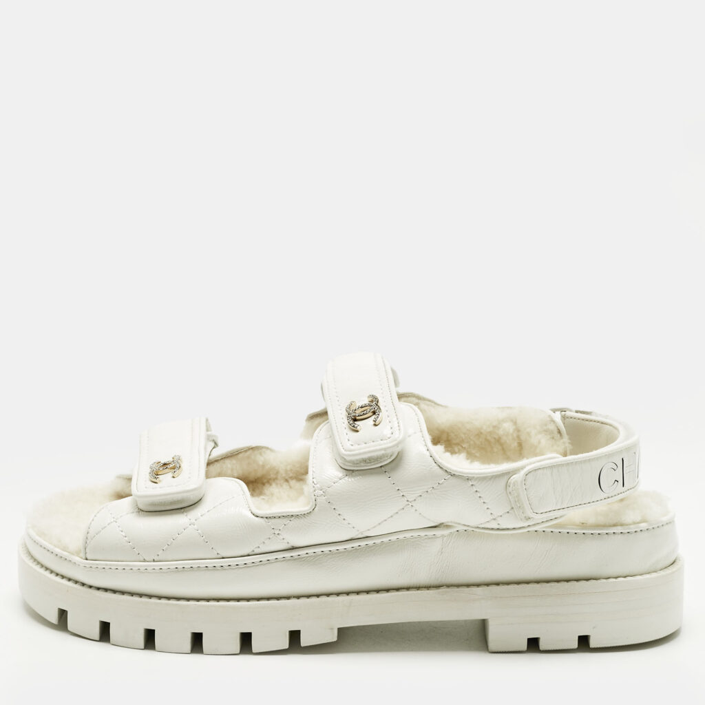 Chanel White Leather and Shearling Dad Slingback Sandals Size 40
