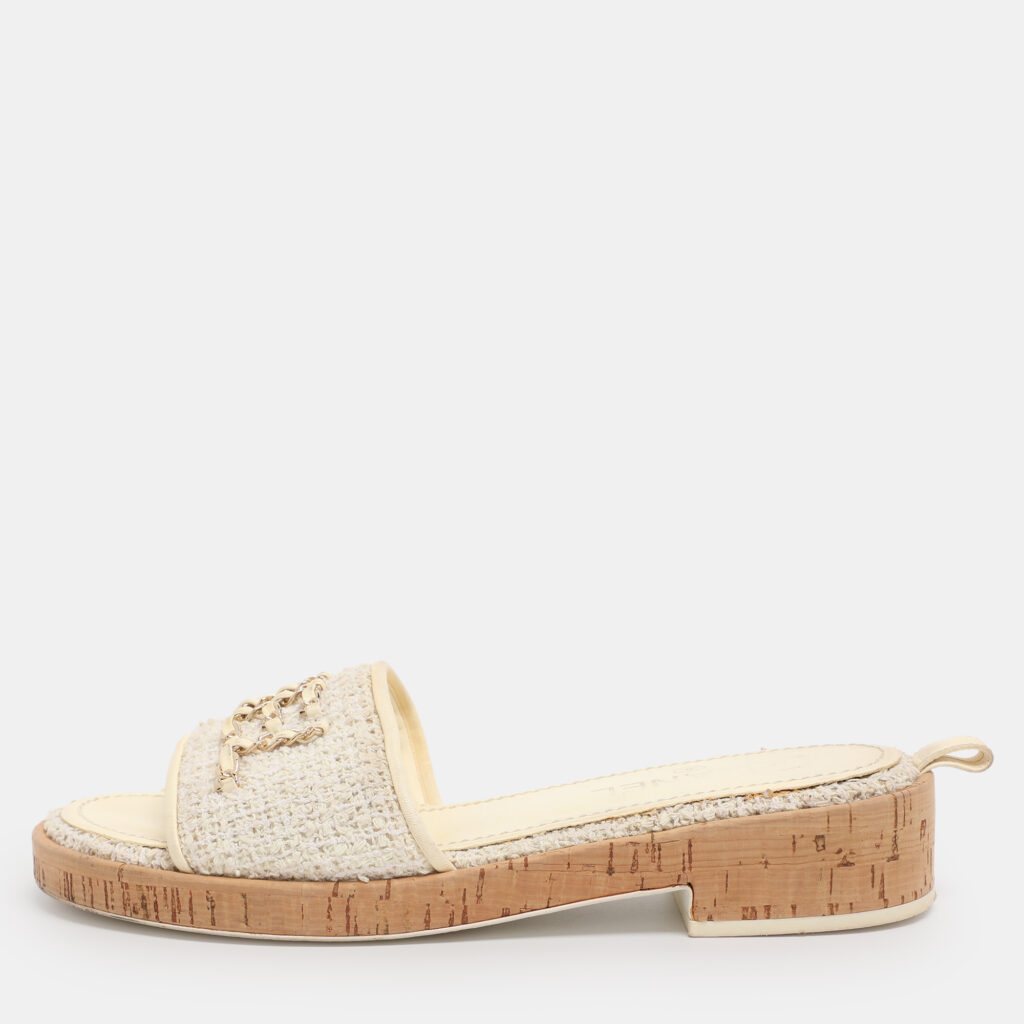Chanel Ivory Tweed and Leather Chain Detail Cork Slide Sandals Size 39.5