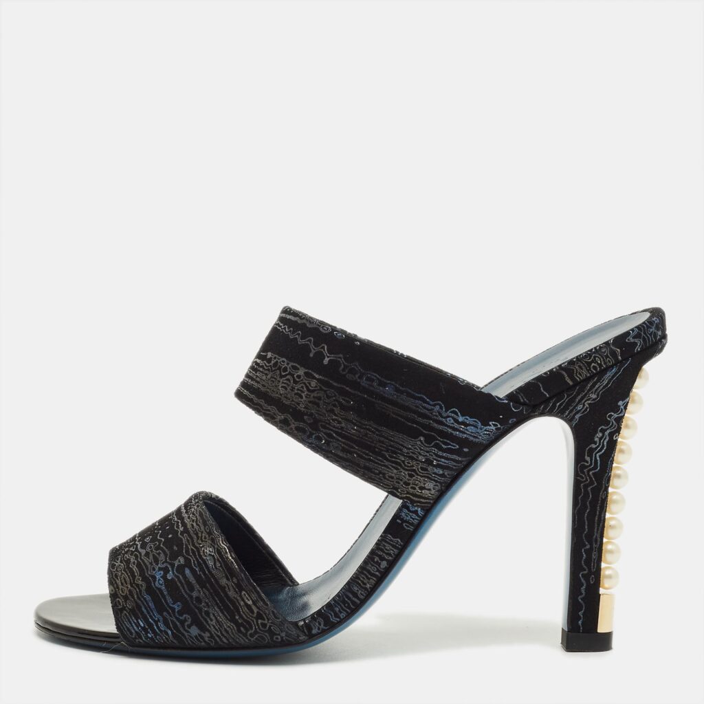 Chanel Black Printed Suede Pearl Embellished Slide Sandals Size 38