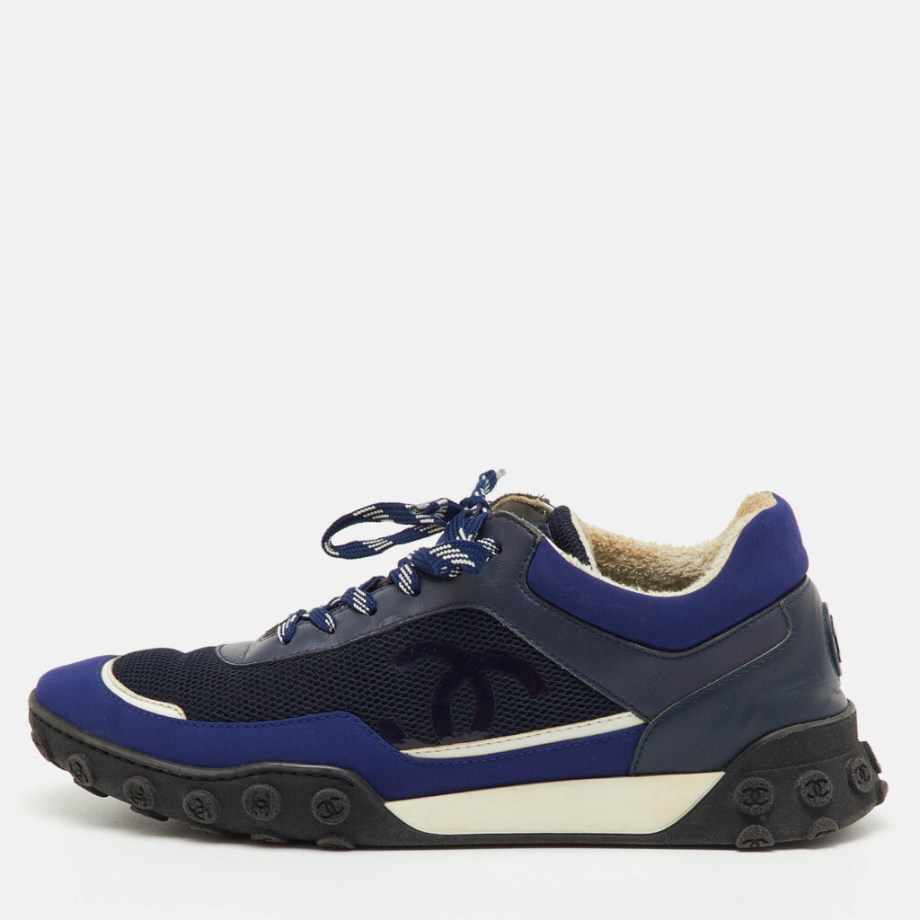 Chanel Navy Blue/White Leather, Neoprene and Mesh CC Low Top Sneakers Size 40