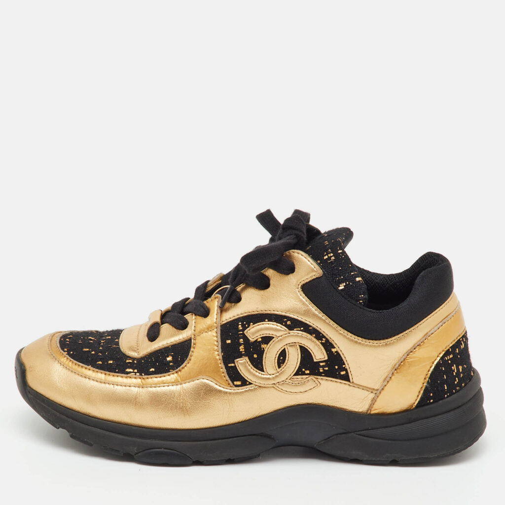 Chanel Black/Gold Leather and Tweed CC Low Top Sneakers Size 39