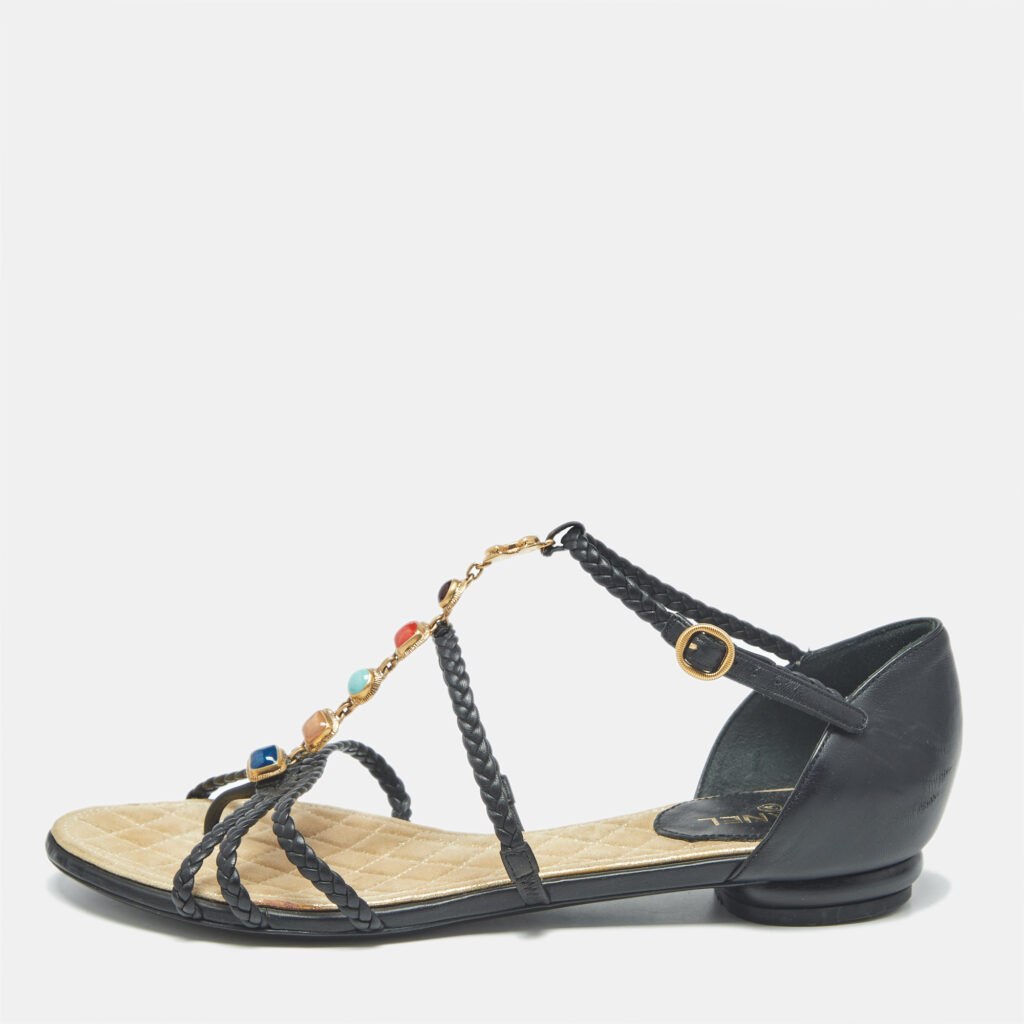 Chanel Black Leather and Woven Leather Strappy Flat Sandals Size 37 Chanel Black Leather and Woven Leather Strappy Flat Sandals Size 37