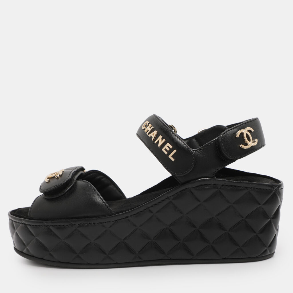 Chanel Black Leather CC Wedge Platform Sandals Size 36 Chanel Black Leather CC Wedge Platform Sandals Size 36