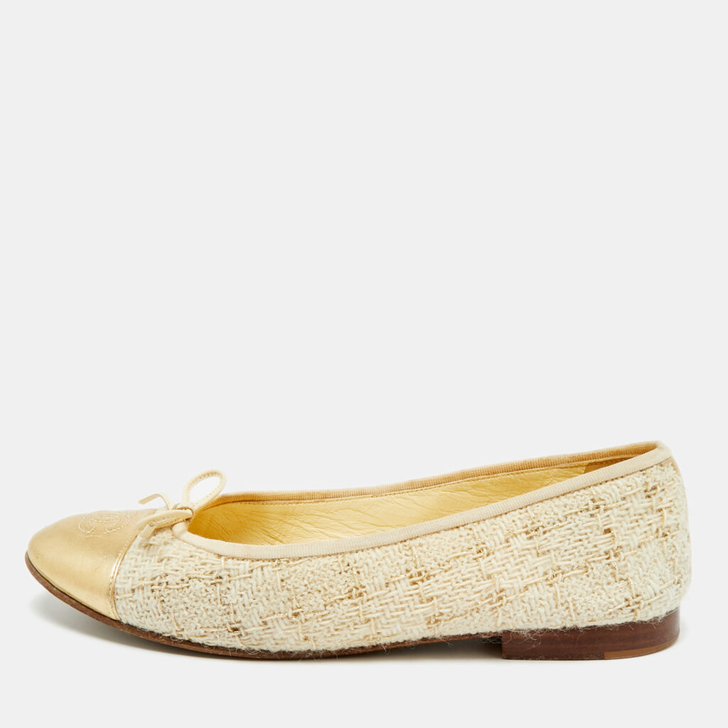 Chanel Gold/Cream Leather and Tweed CC Ballet Flats Size 38.5