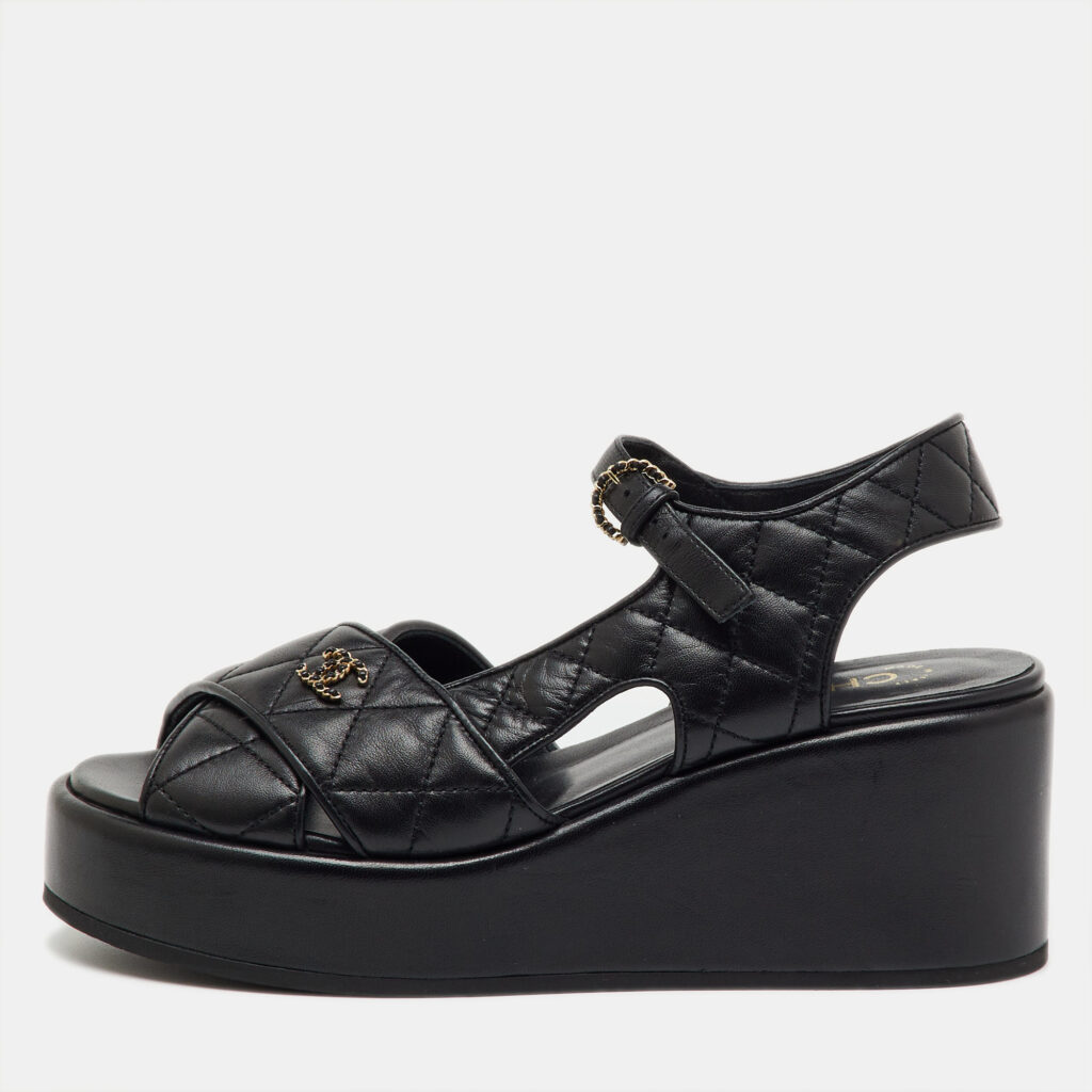 Chanel Black Quilted Leather CC Logo Platform Wedge Sandals Size 39.5 Chanel Black Quilted Leather CC Logo Platform Wedge Sandals Size 39.5