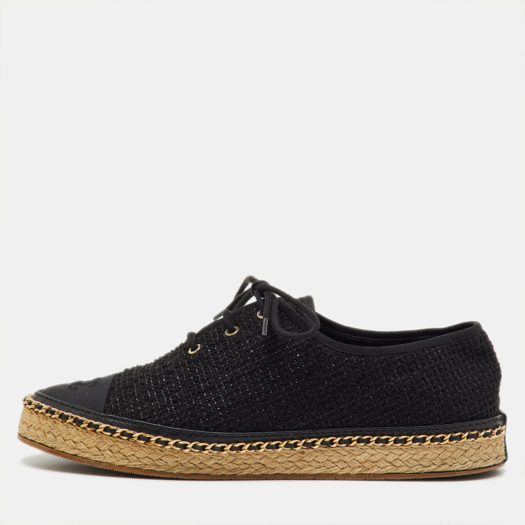 luxury-women-chanel-used-shoes-p1240754-001-1.jpg Chanel Black Tweed Interlocking CC Logo Espadrille Lace Up Oxfords Size 39