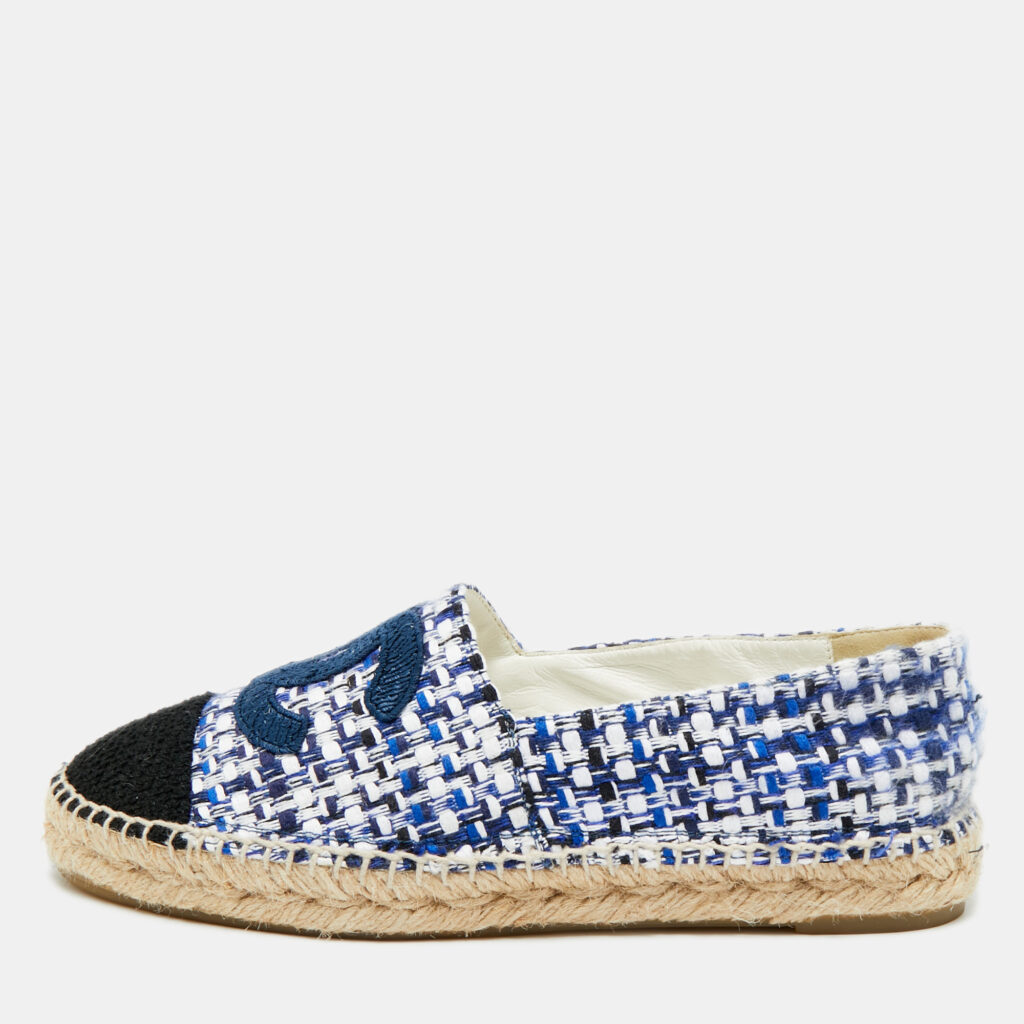 Chanel Tricolor Fabric and Tweed CC Cap Toe Espadrille Flats Size 39