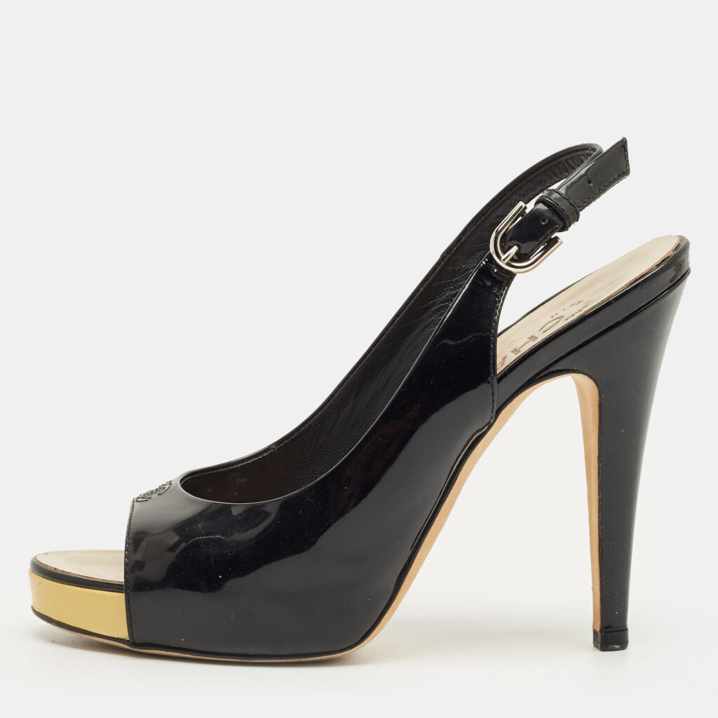 Chanel Black Patent Leather CC Open Toe Slingback Pumps Size 36