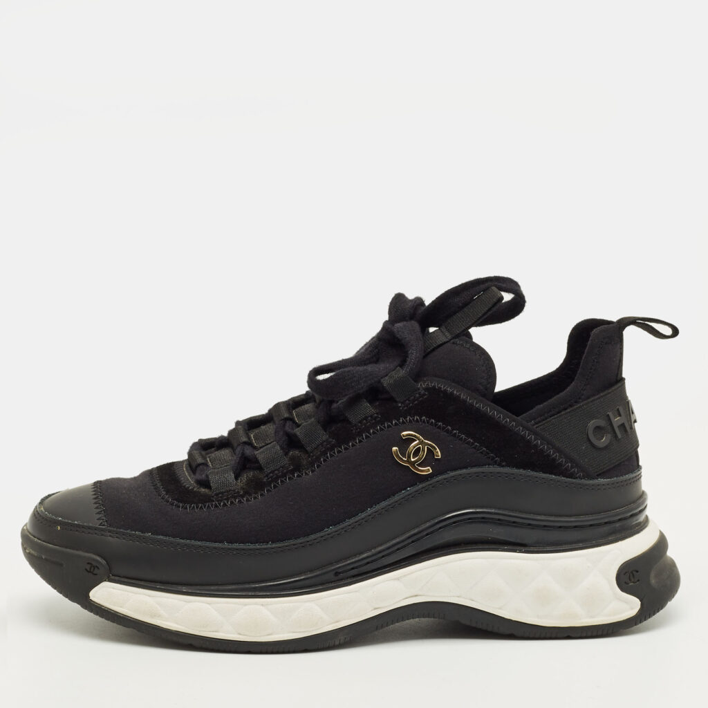 luxury-women-chanel-used-shoes-p1244778-010-1.jpg Chanel Black Nylon and Suede CC Low Top Sneakers Size 36.5
