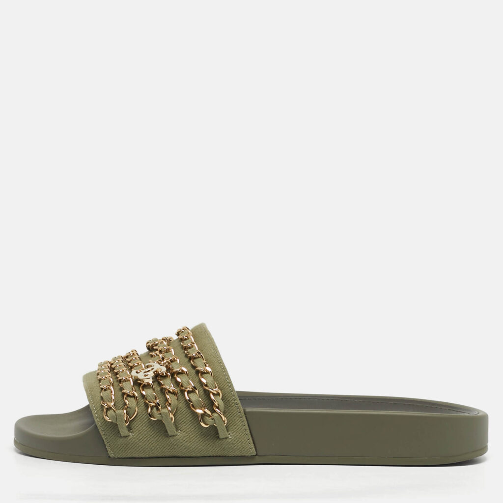 luxury-women-chanel-used-shoes-p1244806-010-1.jpg Chanel Olive Green Canvas and Leather Tropiconic Chain Slide Flats Size 38