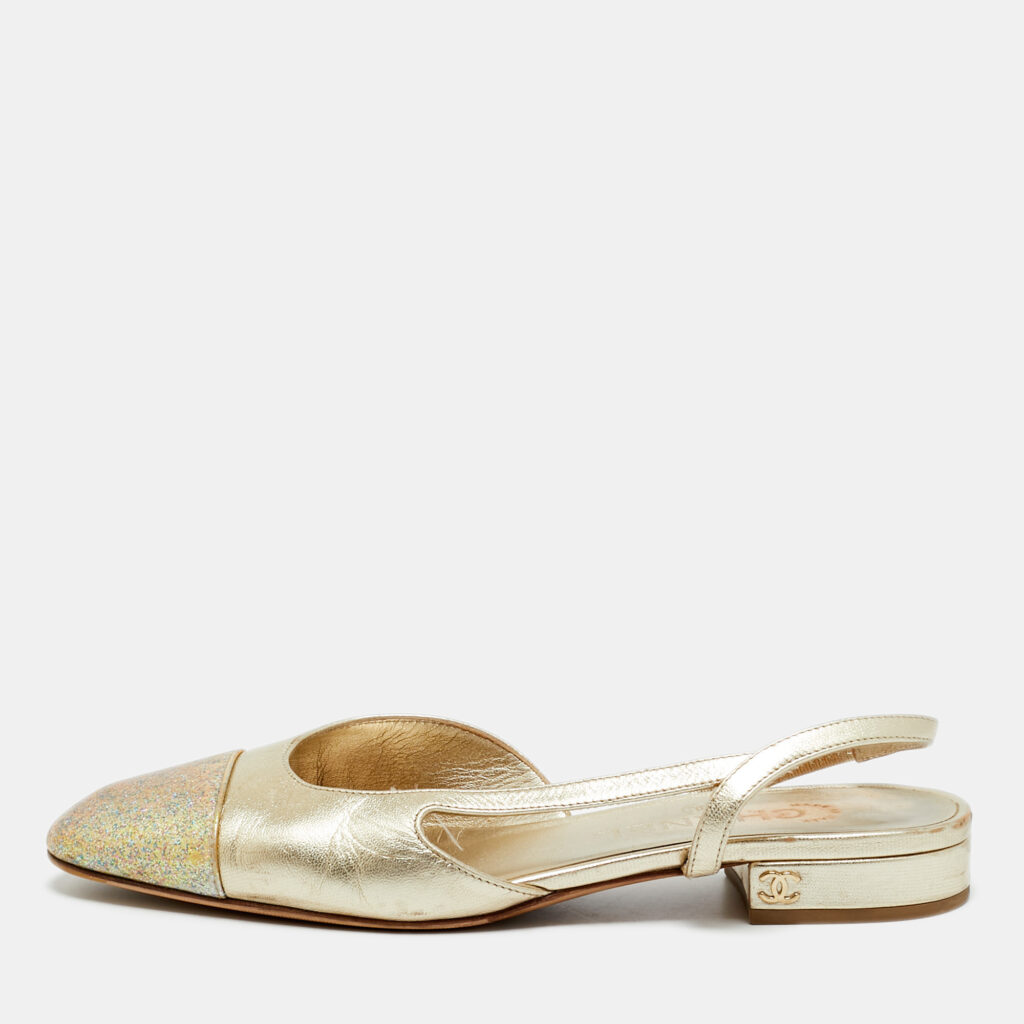 Chanel Gold Leather CC Cap Toe Slingback Flats Size 36