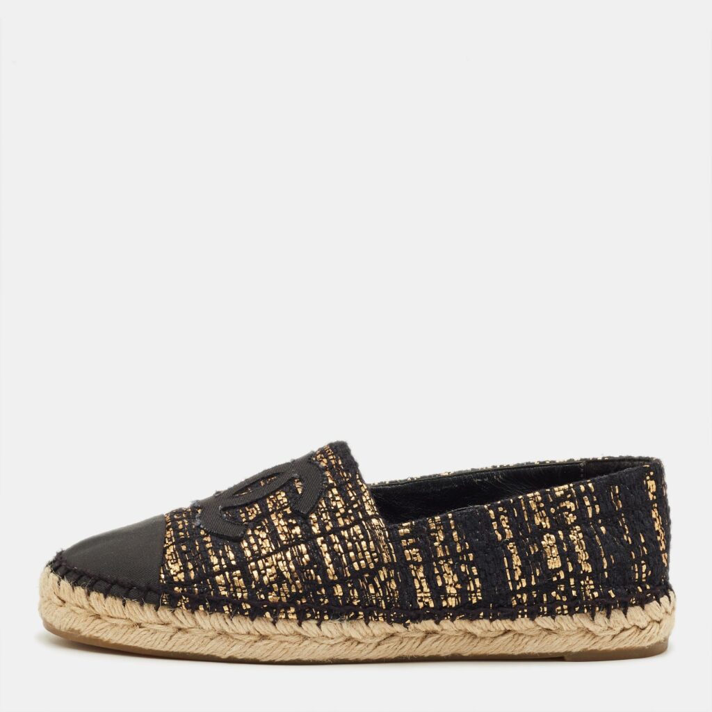 Chanel Black/Gold Metallic Tweed and Fabric Cap-Toe CC Flat Espadrilles Size 38