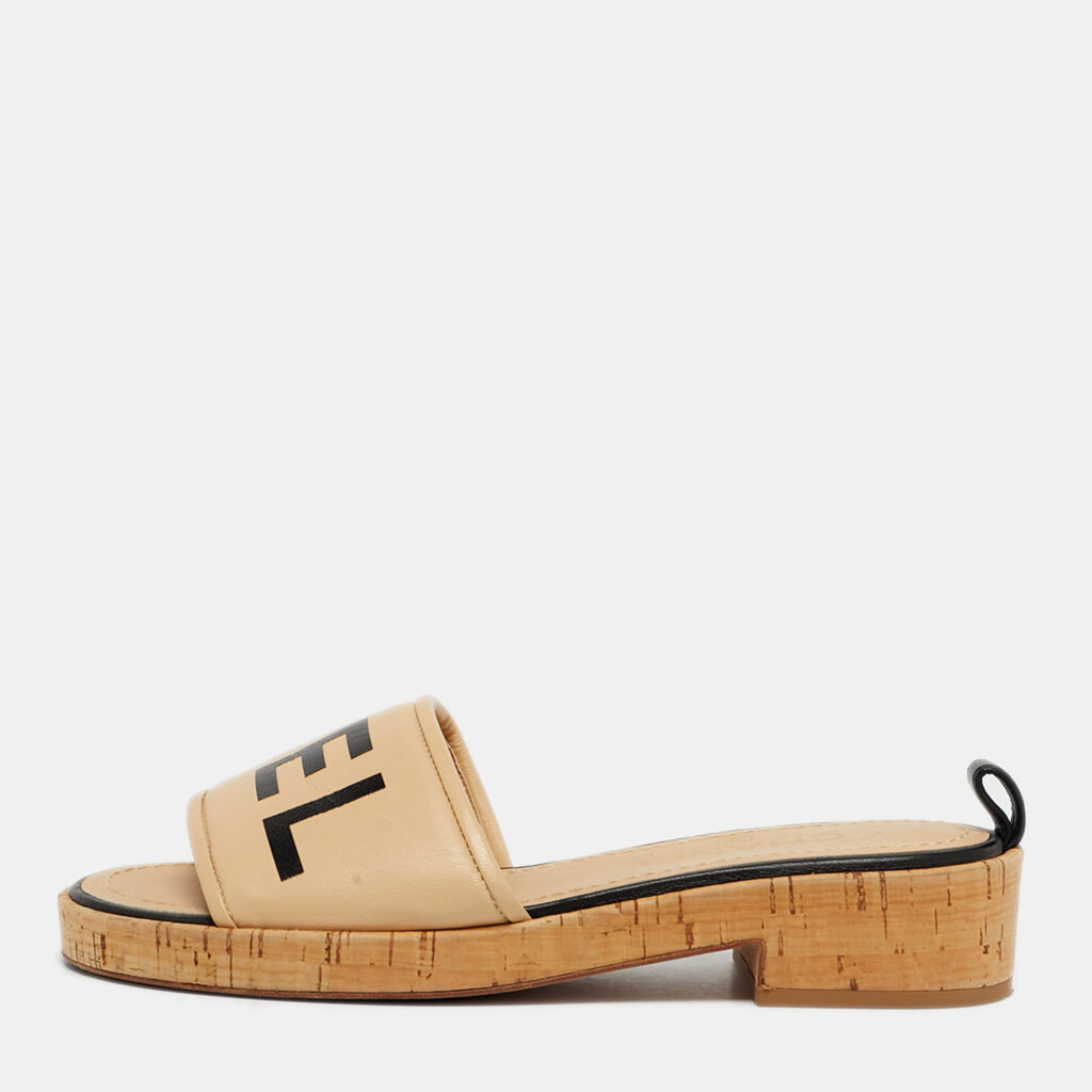 Chanel Size 36 Beige Leather Logo Cork Slide Sandals