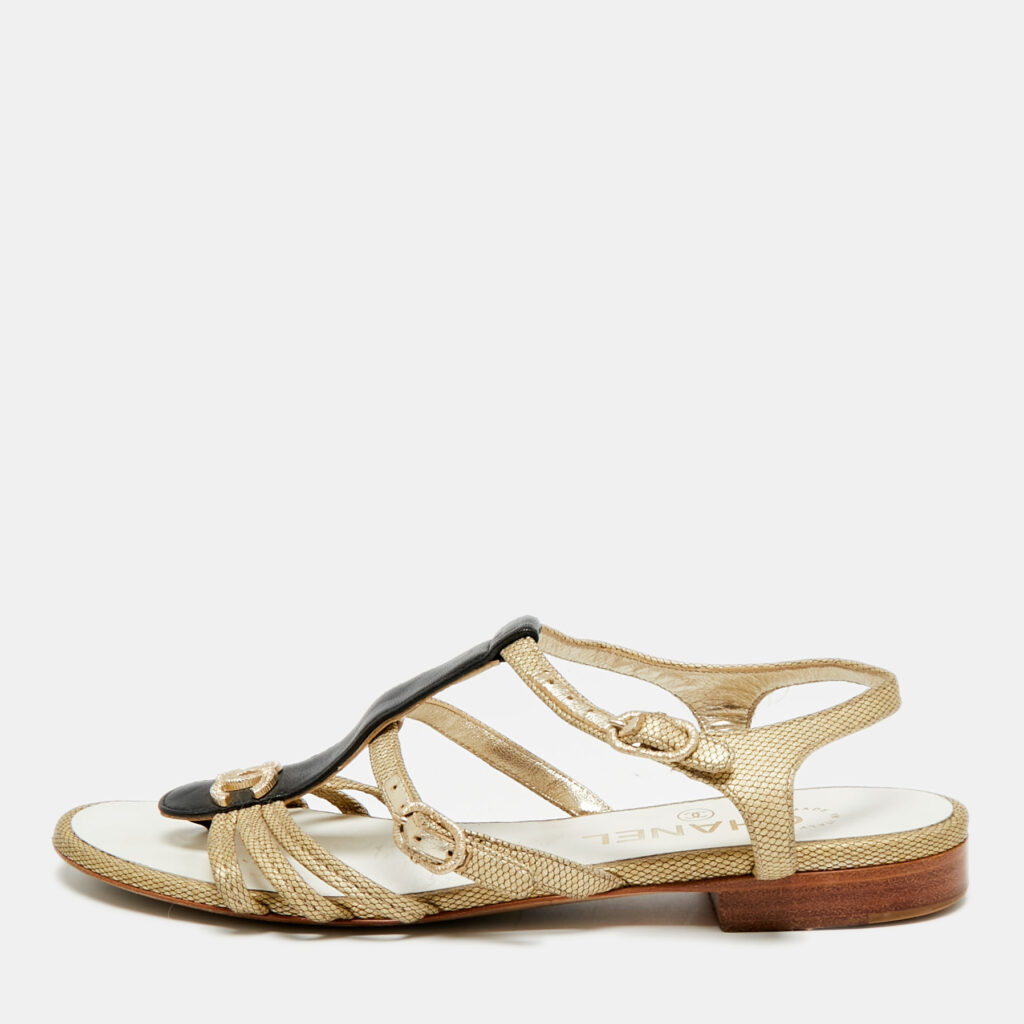 Chanel CC Size 37 Gold/Black Leather Strappy Flat Sandals