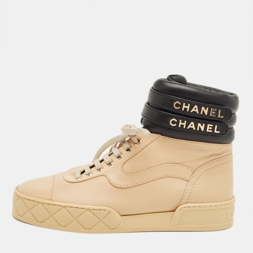 Chanel Black/Beige Leather High Top Sneakers Size 36.5 Chanel Black/Beige Leather High Top Sneakers Size 36.5