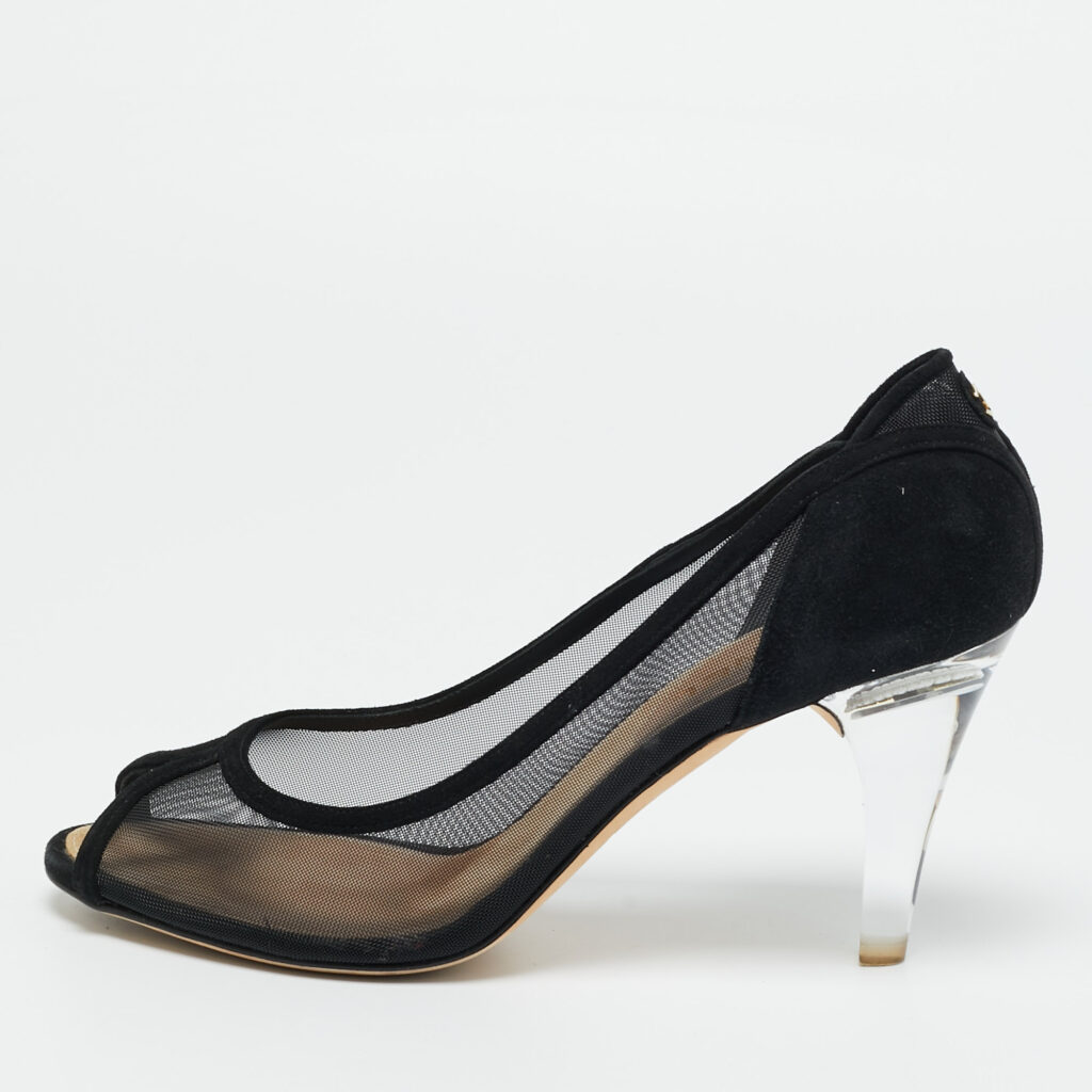 Chanel Size 40 Black Mesh and Suede Peep Toe Pumps Chanel Size 40 Black Mesh and Suede Peep Toe Pumps
