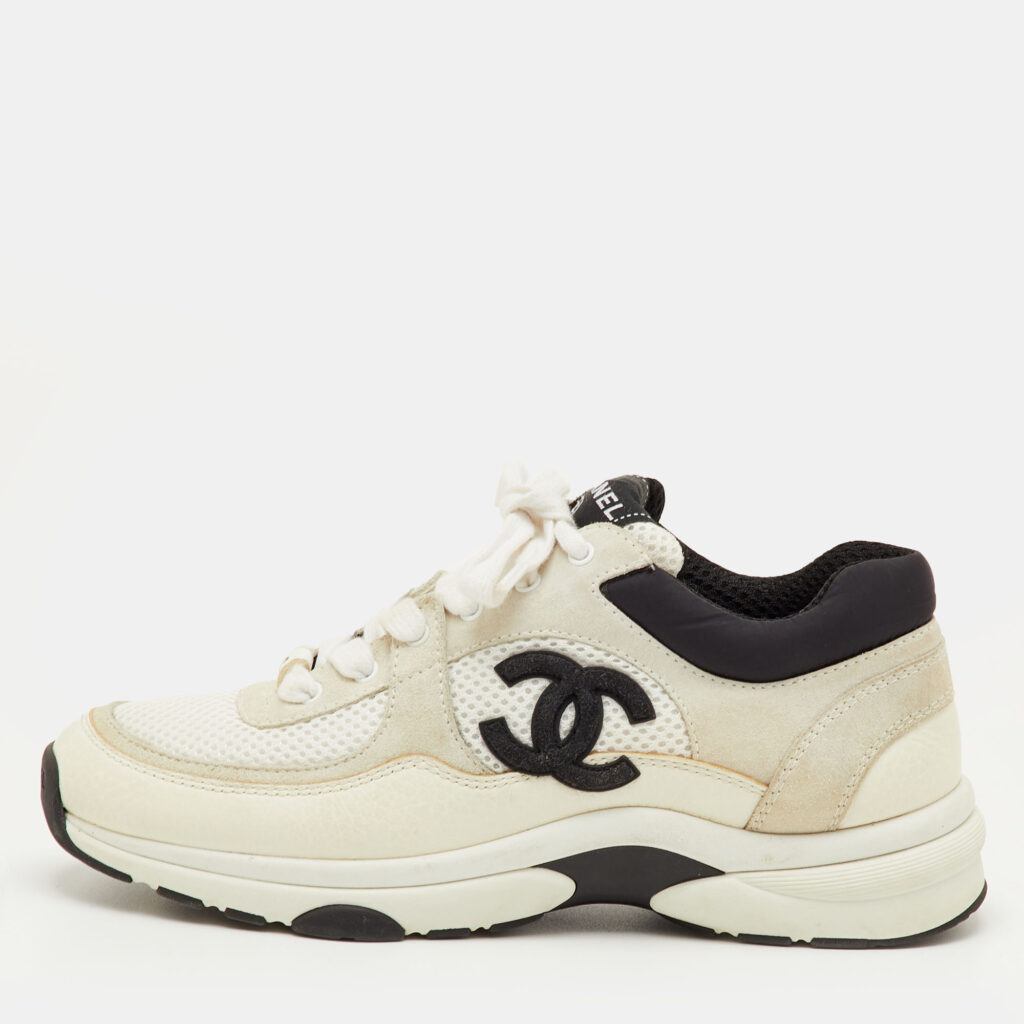Chanel CC Size 37 Off White/Black Leather, Mesh and Suede Low Top Sneakers
