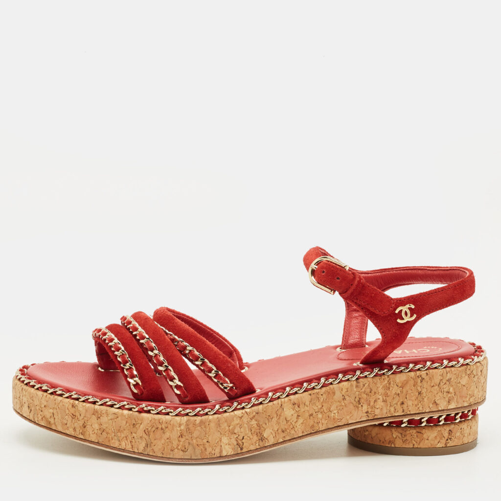 Chanel CC Chain Logo Size 36 Red Suede Ankle Strap Sandals