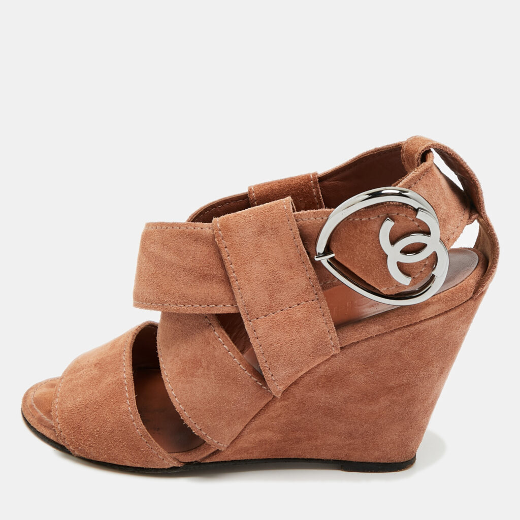 Chanel CC Size 36.5 Brown Suede Ankle Strap Wedge Sandals