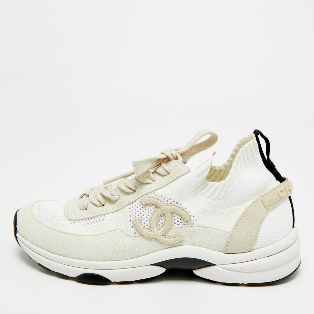 Chanel CC Size 39.5 White/Black Knit Fabric Sneakers