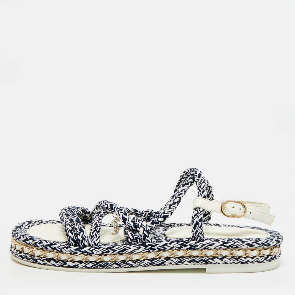 Chanel Dad Size 40 Navy Blue/White Leather and Rope Flat Sandals