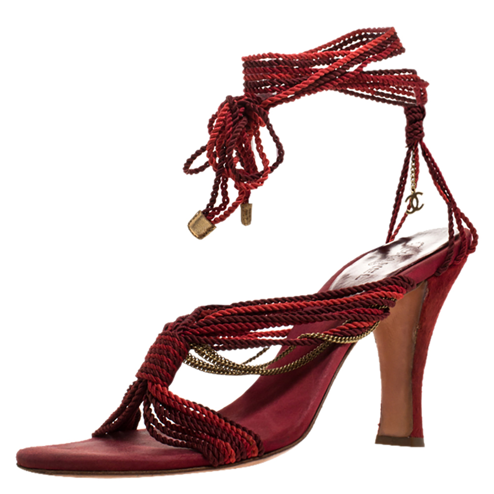 Chanel Two Tone Rope Metal Chain Embellished CC Tie Up Sandals Size 41 Chanel Two Tone Rope Metal Chain Embellished CC Tie Up Sandals Size 41
