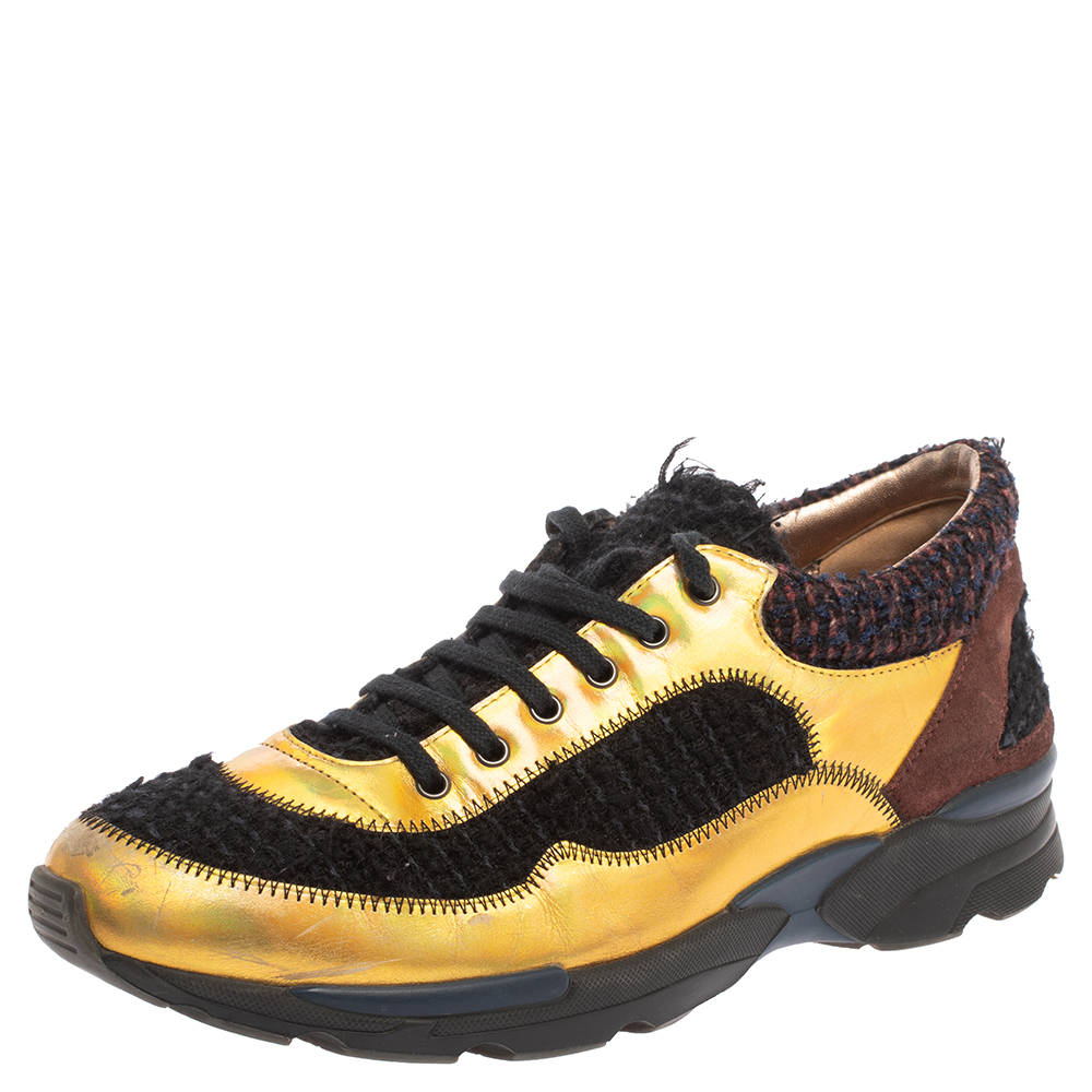 Chanel Multicolor Tweed, Suede and Metallic Leather Lace Up Sneakers Size 38 Chanel Multicolor Tweed, Suede and Metallic Leather Lace Up Sneakers Size 38
