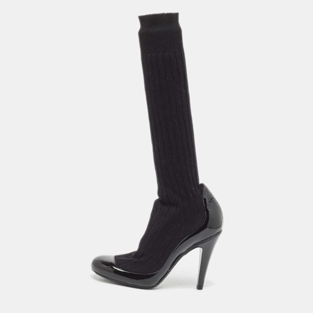 Chanel Black Patent Leather and Knit Fabric Sock Pumps Size 35