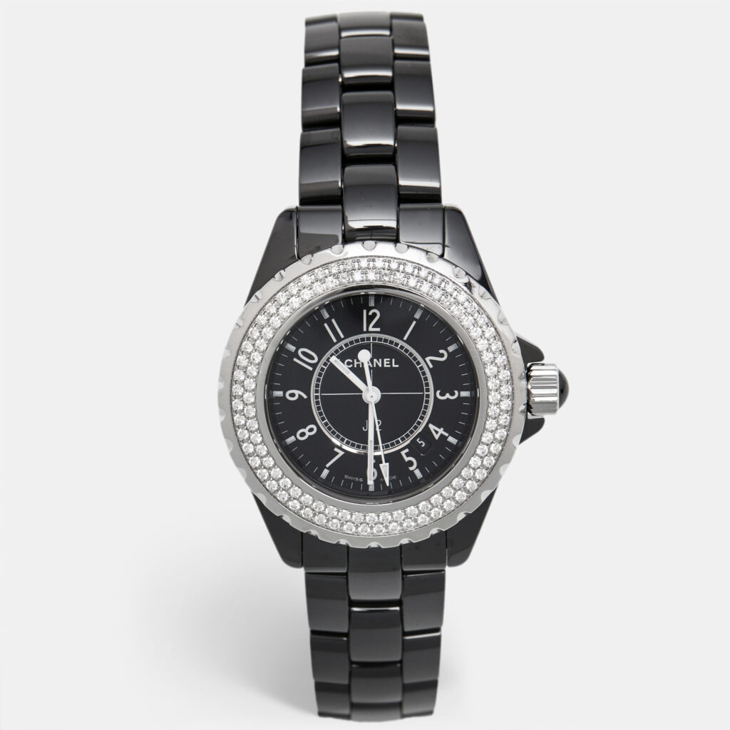 Chanel Black Ceramic Stainless Steel Diamond J12 H0949 Women's Wristwatch 33 mm