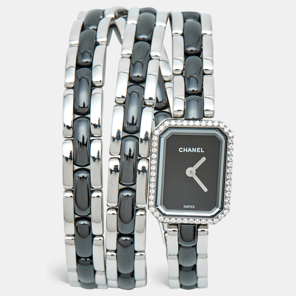 Chanel Premiere H3058 Black Dial Ceramic Stainless Steel Diamond Women's Wristwatch 15 mm