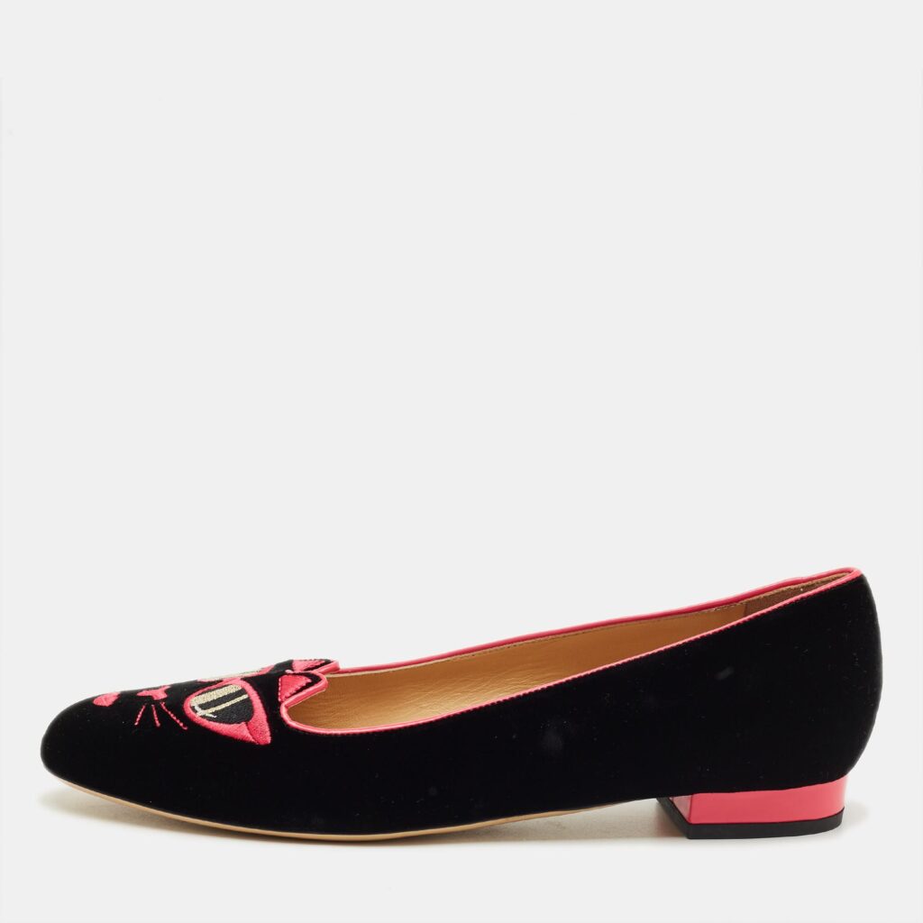luxury-women-charlotte-olympia-new-shoes-p1241146-001-1.jpg Charlotte Olympia Black/Pink Velvet Kitty Ballet Flats Size 40