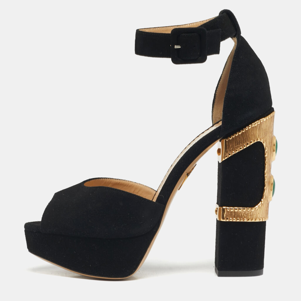 Charlotte Olympia Size 38 Black Suede Embellished Ankle Strap Platform Sandals Charlotte Olympia Size 38 Black Suede Embellished Ankle Strap Platform Sandals