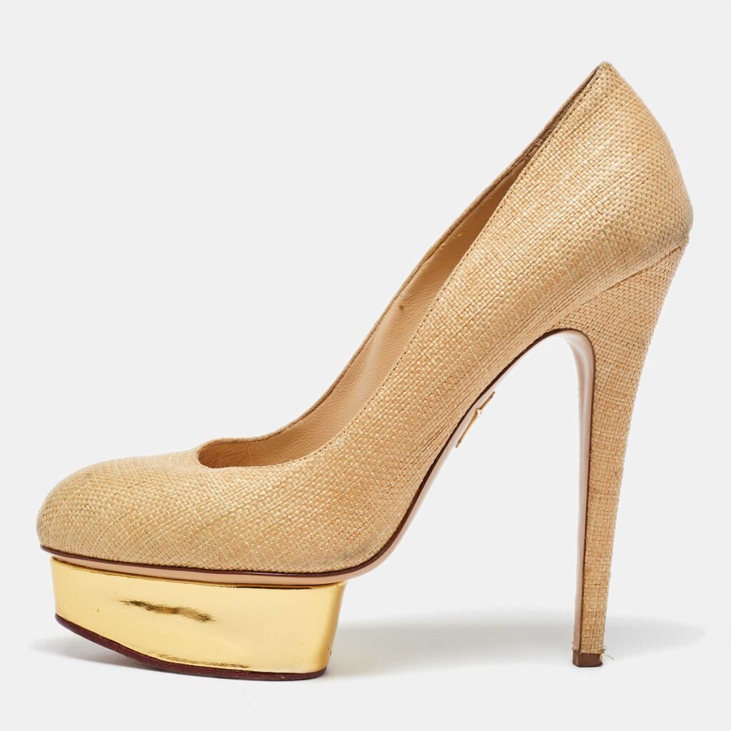 luxury-women-charlotte-olympia-used-shoes-p1012056-003-1.jpg Charlotte Olympia Beige/Gold Raffia and Leather Dolly Platform Pumps Size 41