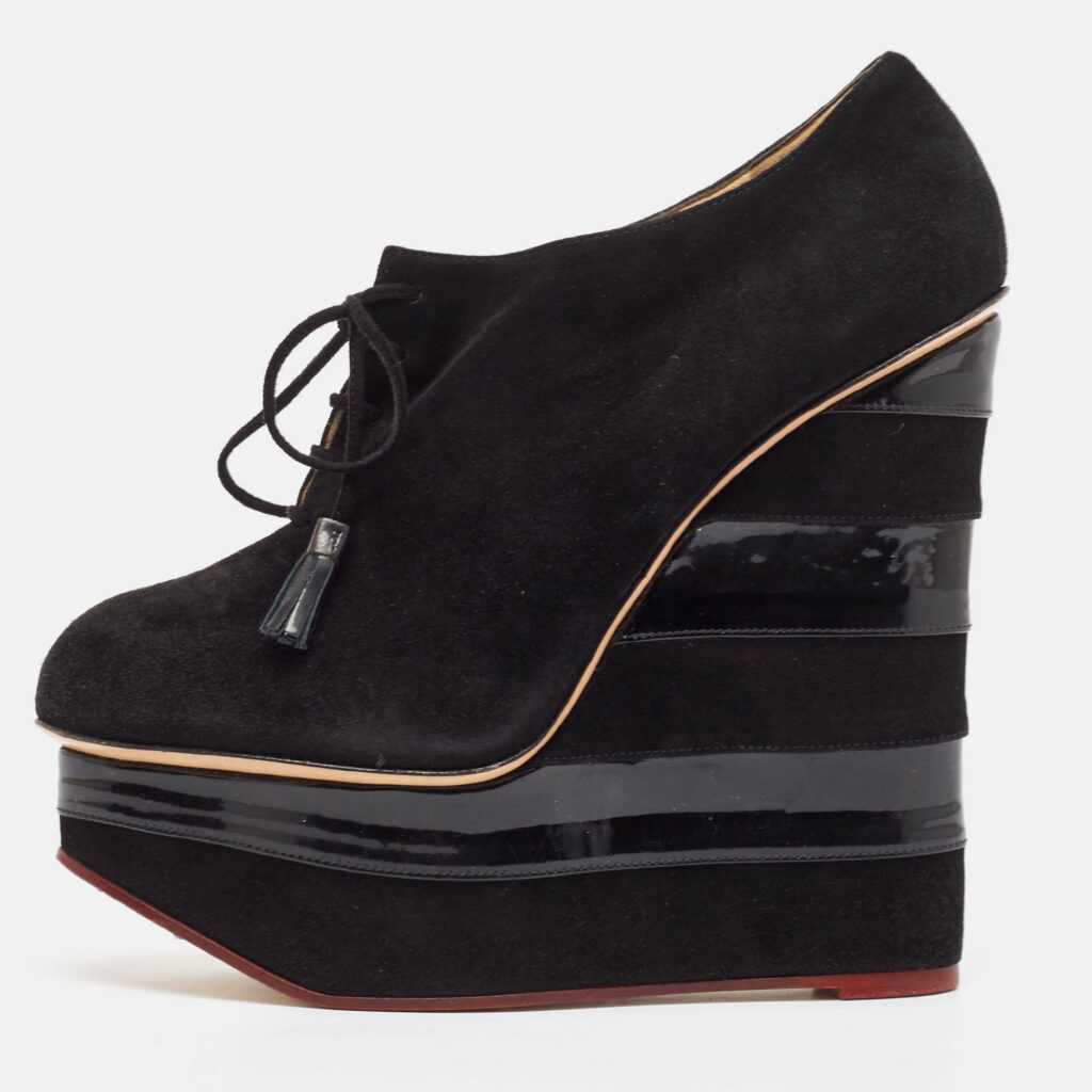 Charlotte Olympia Black Suede and Patent Leather Martha Wedge Booties Size 40 Charlotte Olympia Black Suede and Patent Leather Martha Wedge Booties Size 40