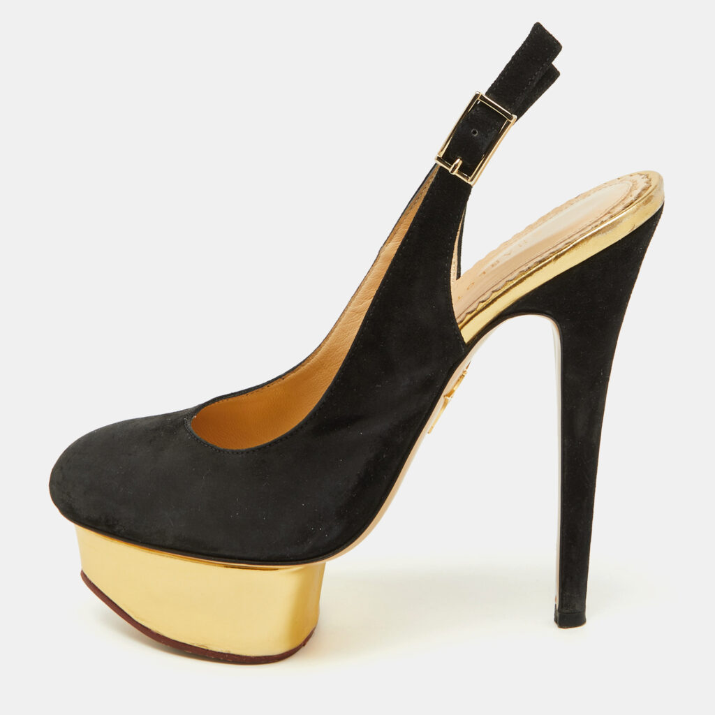 Charlotte Olympia Black Suede Dolly Slingback Platform Pumps Size 36.5 Charlotte Olympia Black Suede Dolly Slingback Platform Pumps Size 36.5