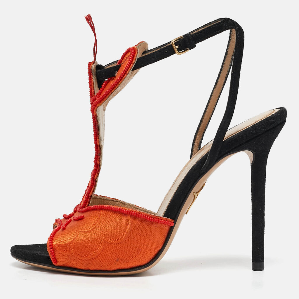 Charlotte Olympia Orange/Black Fabric and Suede Ankle Strap Sandals Size 35