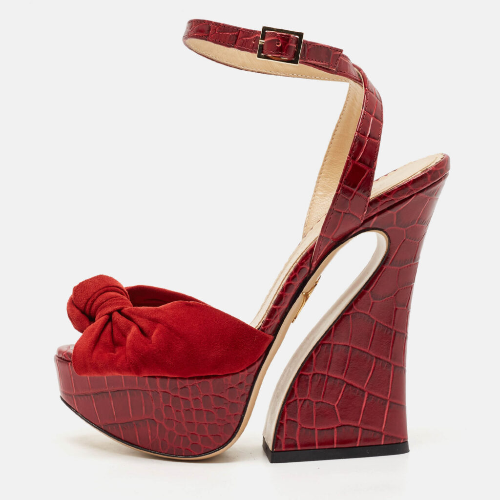 Charlotte Olympia Burgundy Croc Embossed Leather and Suede Ankle Strap Sandals Size 35