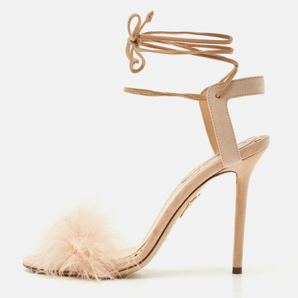 luxury-women-charlotte-olympia-used-shoes-p1166444-010-1.jpg Charlotte Olympia Peach Suede and Fur Trim Salsa Ankle Strap Sandals Size 39.5