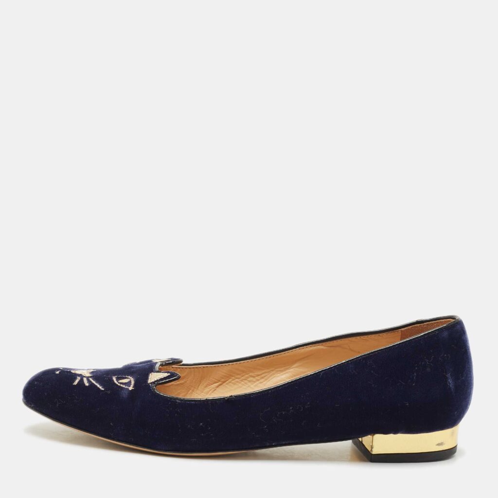 Charlotte Olympia Navy Blue Velvet Kitty Ballet Flats Size 39 Charlotte Olympia Navy Blue Velvet Kitty Ballet Flats Size 39