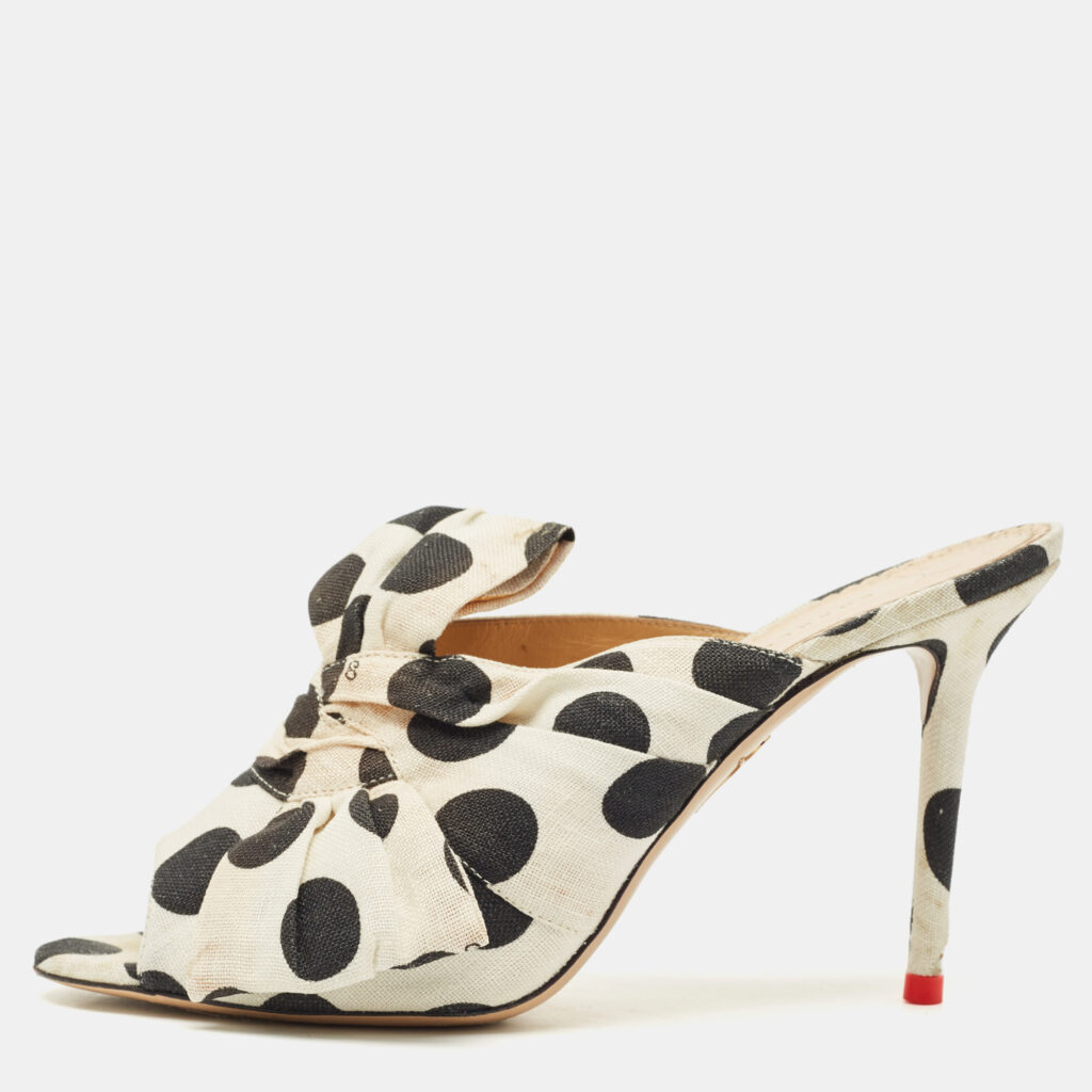 Charlotte Olympia White/Black Polka Canvas Bow Slide Sandals Size 40.5