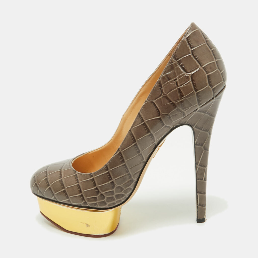 Charlotte Olympia Grey Croc Embossed Leather Dolly Platform Pumps Size 39