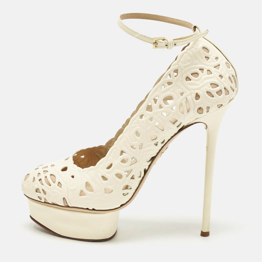 Charlotte Olympia Cream Cut Out Leather Scribble Dolores Ankle Strap Platform Pumps Size 38.5