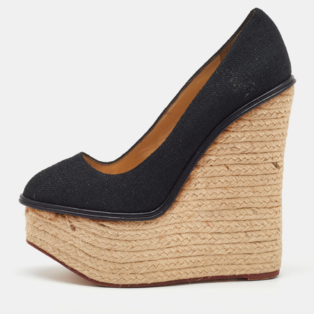 Charlotte Olympia Black Fabric Carmen Espadrille Platform Wedge Pumps Size 38