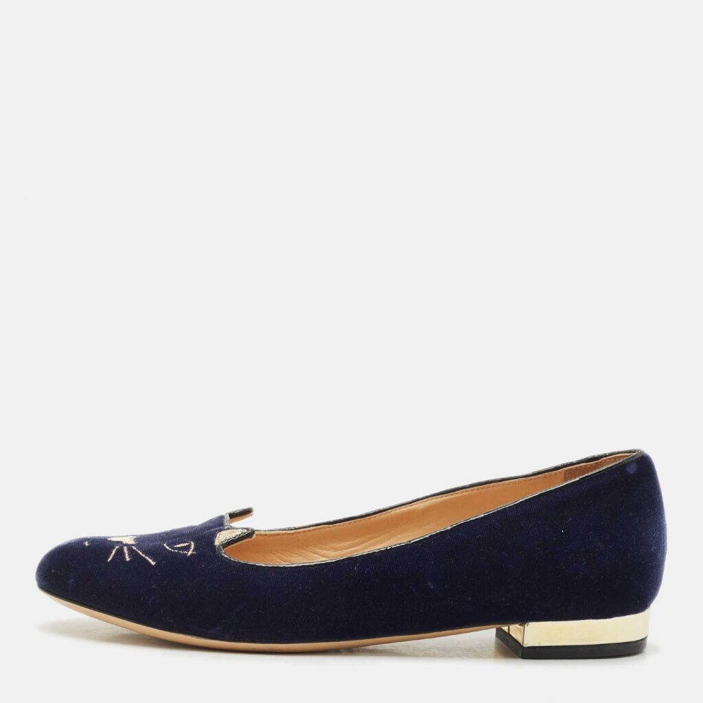 Charlotte Olympia Navy Blue Fabric Kitty Smoking Slippers Size 36.5