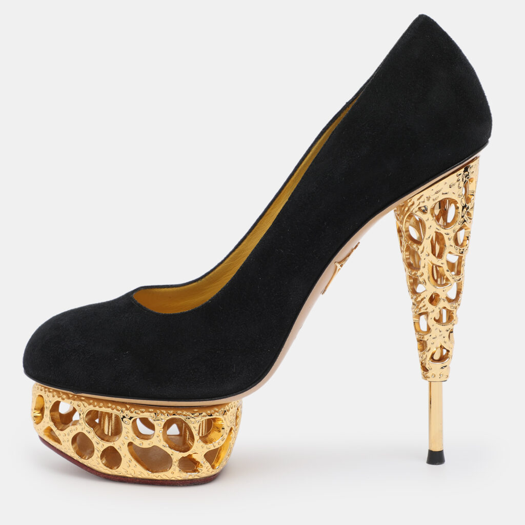 Charlotte Olympia Black Suede Gold Sculptured Heel Objets D'Art Platform Pumps Size 37 Charlotte Olympia Black Suede Gold Sculptured Heel Objets D'Art Platform Pumps Size 37