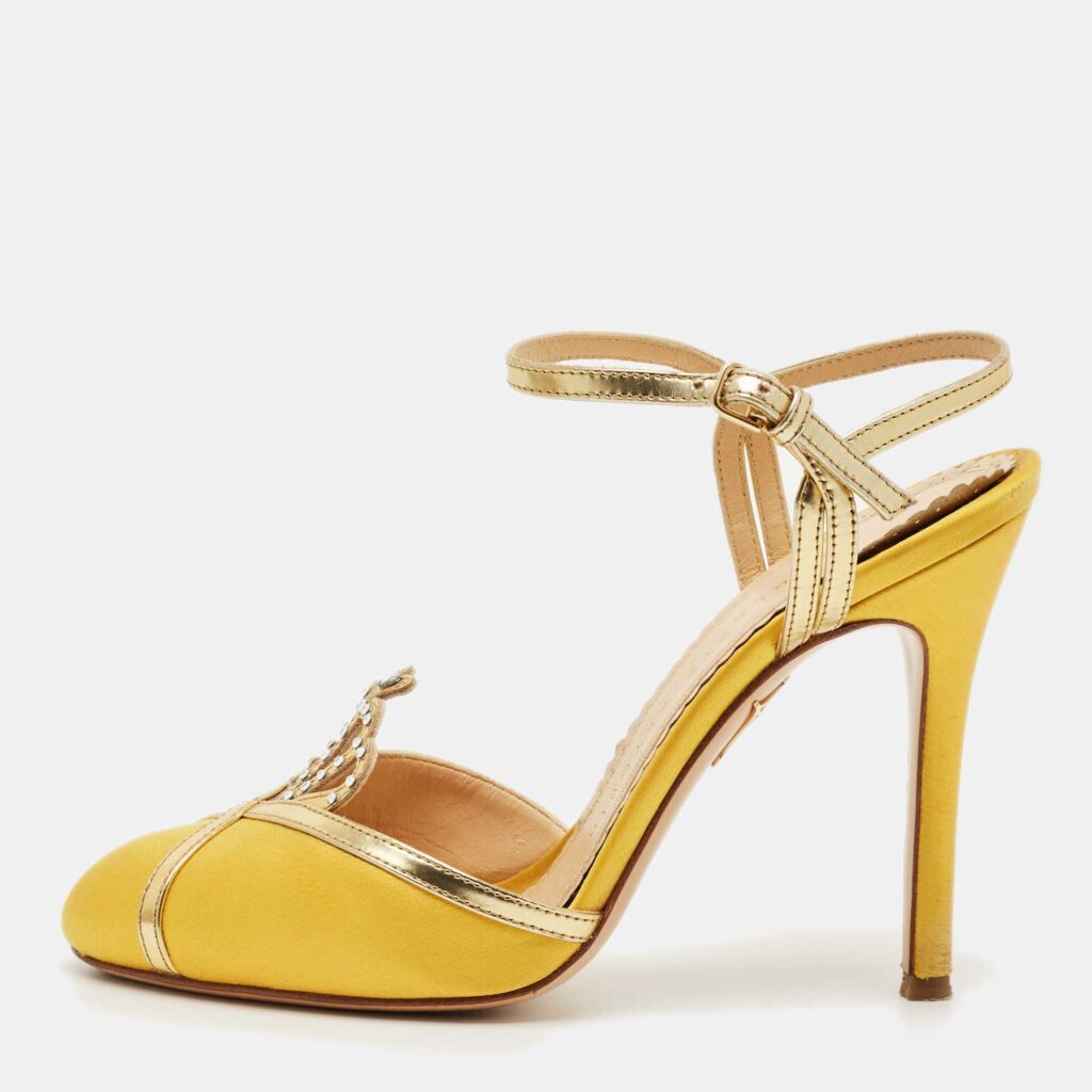 Charlotte Olympia Yellow Leather and Satin Queenie Ankle Strap Pumps Size 36