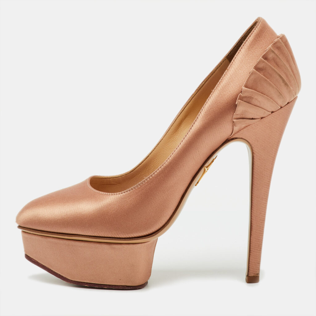 Charlotte Olympia Metallic Bronze Satin Paloma Fan Pleat Platform Pumps Size 35.5 Charlotte Olympia Metallic Bronze Satin Paloma Fan Pleat Platform Pumps Size 35.5
