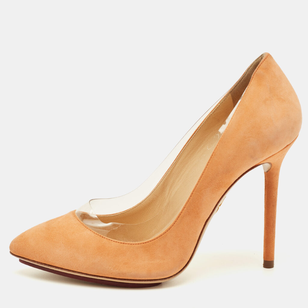 Charlotte Olympia Orange Suede and PVC Dolly Pointed Toe Pumps Size 36.5