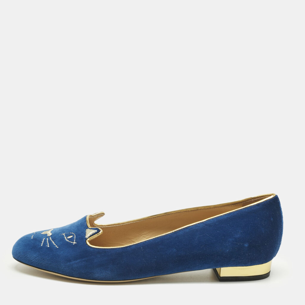 Charlotte Olympia Navy Blue Velvet Kitty Ballet Flats Size 40 Charlotte Olympia Navy Blue Velvet Kitty Ballet Flats Size 40