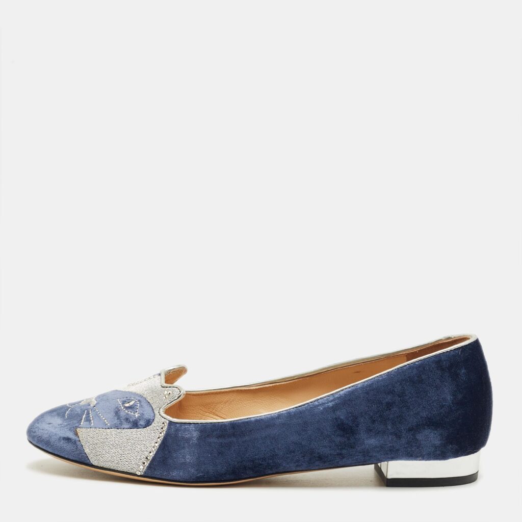 luxury-women-charlotte-olympia-used-shoes-p1241663-001-1.jpg Charlotte Olympia Navy Blue/Grey Velvet Kitty Smoking Slippers Size 40